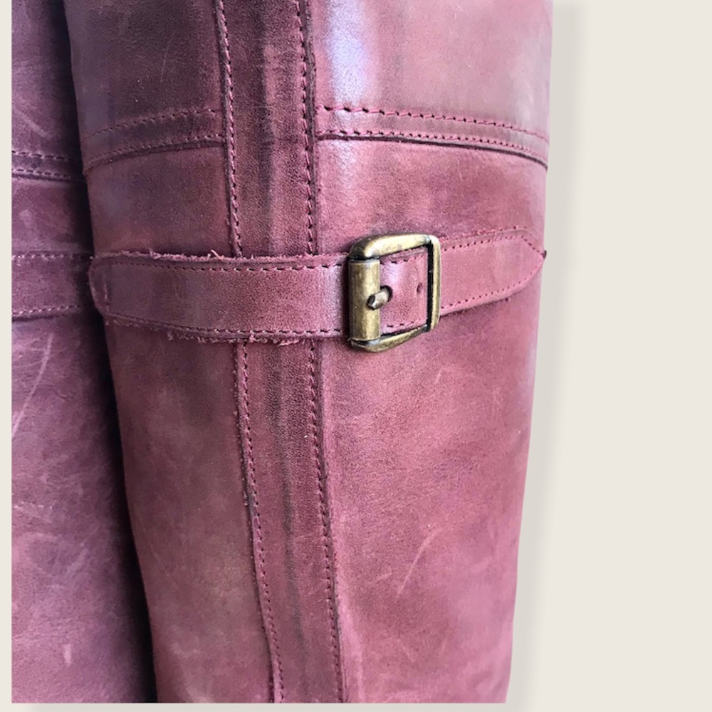 Frye Dorado Polished Genuine Leather Bordeaux/Light Red Knee High Riding Boots - Picture 12 of 16